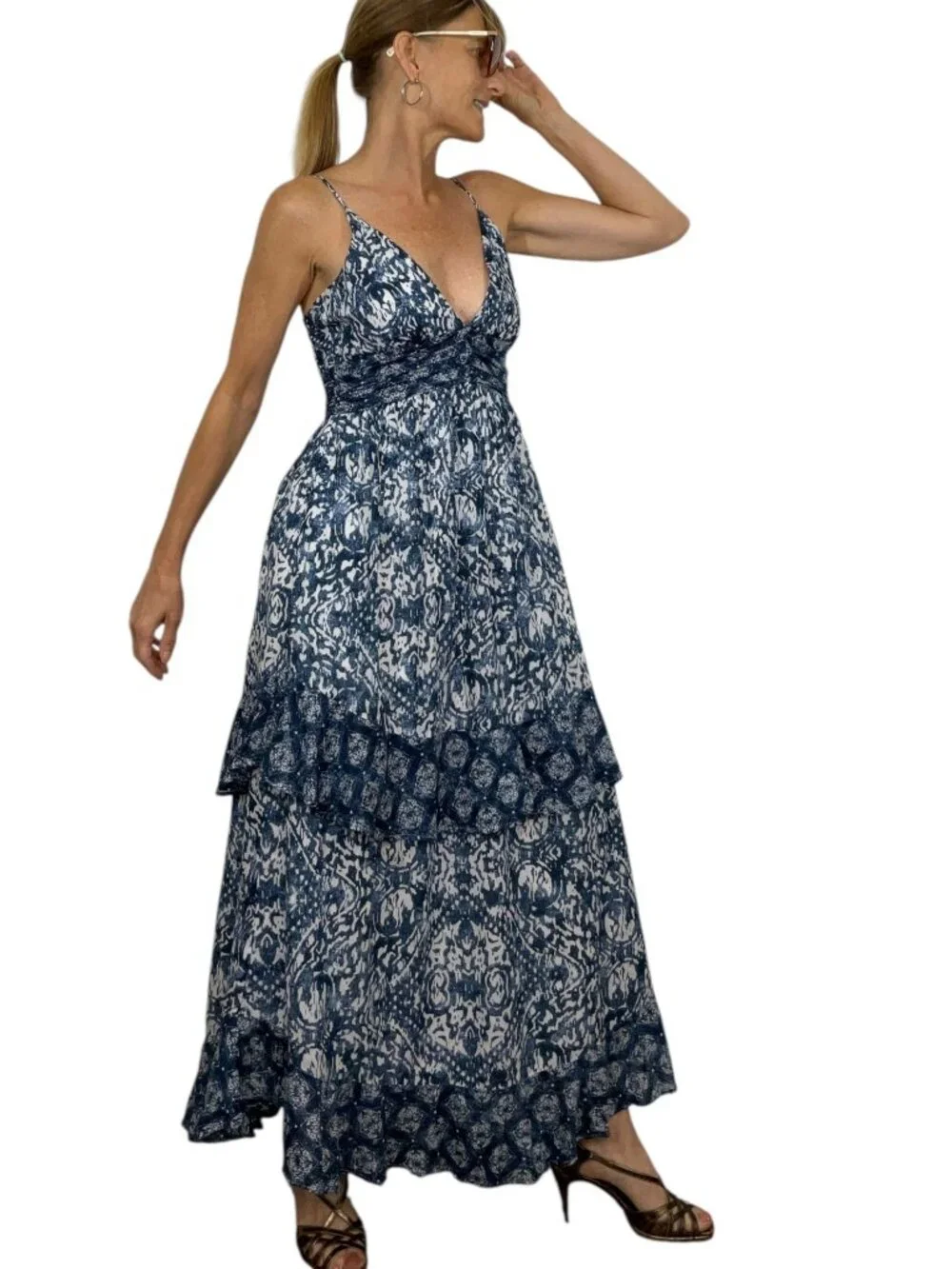 Abercrombie & Fitch Tiered Maxi Dress S Blue Ruffle Sleeveless Summer